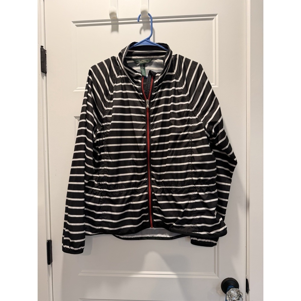 Lauren Ralph Lauren Active Striped Windbreaker Jacket XL Black White Red Zip